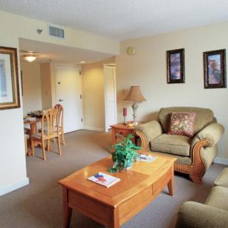 A cozy living room with comfortable seating, a coffee table, and decorative elements.