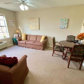 A cozy living room with a sofa, armchair, and dining table set under a ceiling fan.