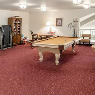 A cozy game room featuring a pool table and stylish furniture on red carpeting.