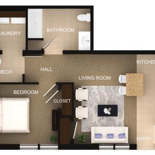 A one-bedroom apartment floor plan featuring a living room, kitchen, bathroom, laundry room, and closet.