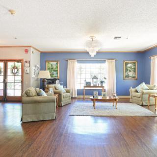 A spacious living room with blue walls, elegant sofas, a central coffee table, and large windows allowing natural light to fill the space.