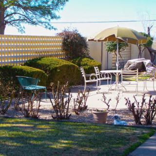 A sunny backyard with outdoor furniture, shrubs, and a patio umbrella.