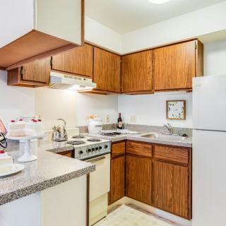 A compact kitchen featuring wooden cabinets, a stove, and a refrigerator.