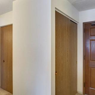 A view of a hallway featuring three wooden doors.