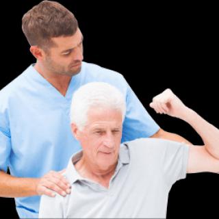 A healthcare professional assisting an elderly man with physical therapy exercises.