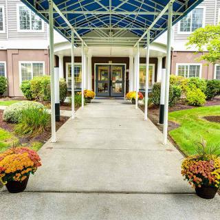 An inviting building entrance with a blue canopy and potted plants lining the walkway.