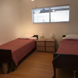 A minimalist bedroom with two single beds and a dresser.