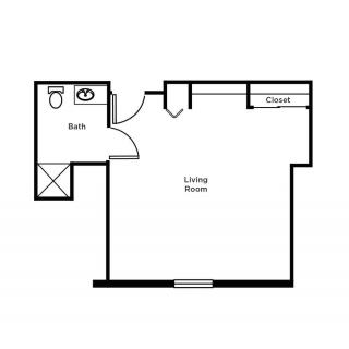 A simple floor plan of a studio apartment with a living room and bathroom.
