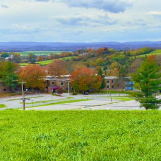 A picturesque landscape showcasing rolling hills adorned with autumn colors against a cloudy sky.