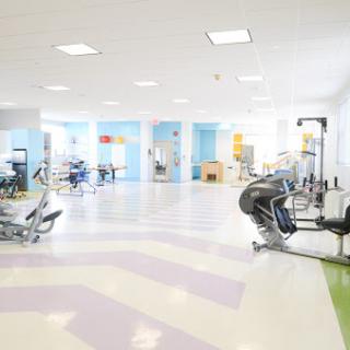 A spacious and modern gym area filled with various fitness equipment, designed for exercise and rehabilitation.