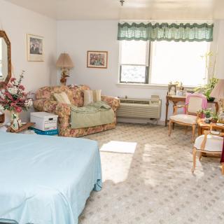 A cozy bedroom with a bed, sofa, and decorative elements.