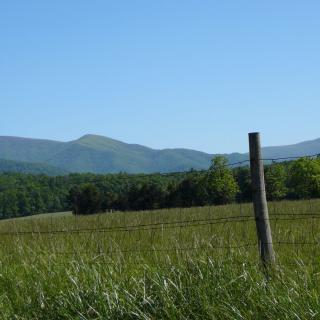 A serene landscape with a grassy field, distant mountains, and a post fence under a clear blue sky.