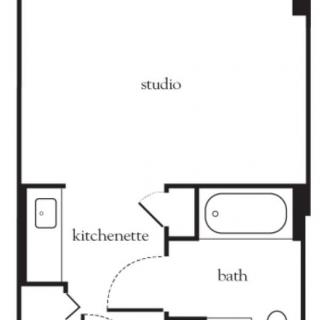Simple floor plan of a studio apartment with separate bath and kitchenette.
