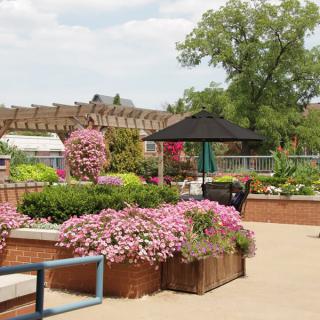 A scenic garden with vibrant flowers and outdoor seating under an umbrella.