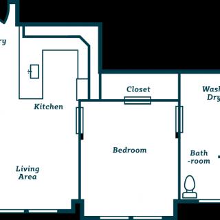 A floor plan of a one-bedroom apartment showing the living area, kitchen, bedroom, closet, bathroom, and washer/dryer space.