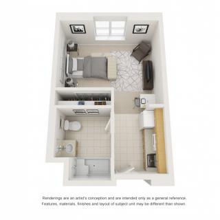 3D floor plan of a compact studio apartment with a bedroom, kitchen, and bathroom.