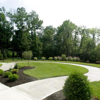 A landscaped garden with a winding pathway surrounded by lush greenery and trees.