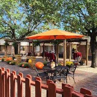 A cozy outdoor dining area with an orange umbrella, surrounded by trees and decorated for autumn.