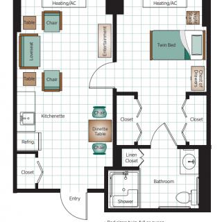 An apartment floor plan featuring one bedroom, a living room, kitchen, bathroom, and dining area.