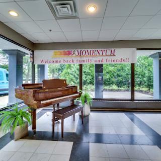 A beautifully designed lobby featuring a grand piano and lush plants, illuminated by natural light from large windows.