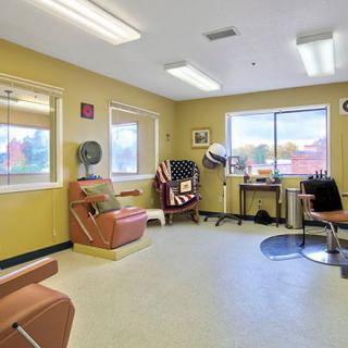 A cozy waiting area with salon chairs and large windows providing ample natural light.