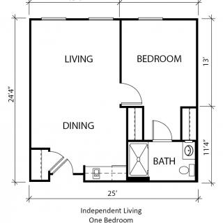 A floor plan of a one-bedroom apartment featuring a living area, dining space, bedroom, and bathroom.