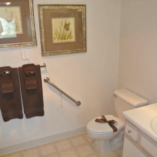 A well-decorated bathroom with a toilet, sink, and wall art.