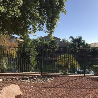 A sunny garden view with a fence overlooking a small lake.
