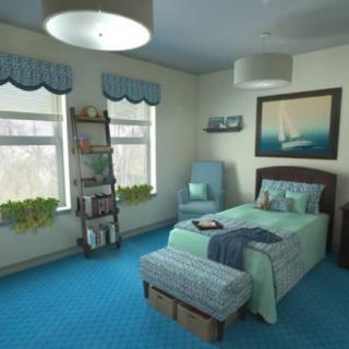 A cozy bedroom with a blue-themed decor, featuring a single bed, a bookshelf, and large windows.