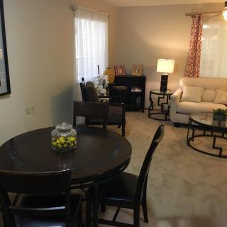 A cozy living space featuring a dining table and chairs, with a sofa and lamp adding warmth to the room.