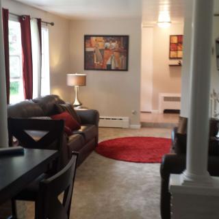 A cozy living room with a sofa, lamp, and artwork, featuring a red carpet and natural light from large windows.