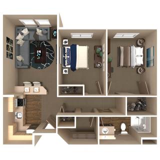 A 3D floor plan of a two-bedroom apartment, featuring a living room, kitchen, and bathroom.