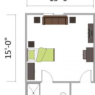 A floor plan of a 15x15 bedroom featuring a bed, sofa, and additional furniture.