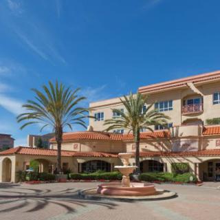 A stylish hotel entrance surrounded by palm trees under a clear blue sky.