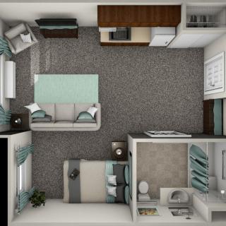 A top-down view of an apartment layout showing a living room, bedroom, kitchen, and bathroom.