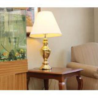 A classic brass lamp with a white lampshade sits on a wooden table next to an aquarium and an armchair in a cozy living room setting.