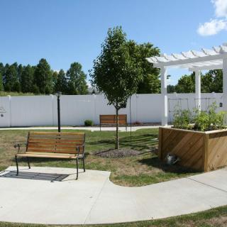 A serene garden area with a bench, tree, and pergola, surrounded by a white fence.