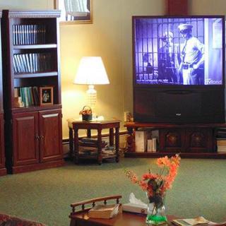 A cozy living room featuring a vintage film playing on the television, with a bookshelf and lamp adding to the ambiance.