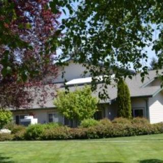 A residential house surrounded by lush greenery with a well-maintained lawn.
