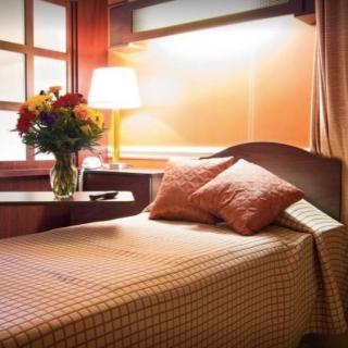 A cozy bedroom with a single bed, decorative pillows, and a vase of flowers on the nightstand.