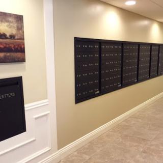 A view of a residential lobby featuring multiple mailboxes and decorative wall art.