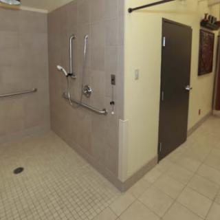 An accessible bathroom featuring a spacious shower area with grab bars.