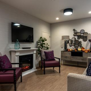 A modern living room with a fireplace, television, and stylish decor.