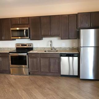Modern kitchen with stainless steel appliances and dark wood cabinets.