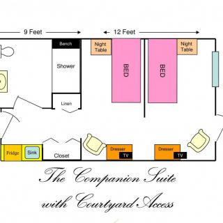 Floor plan of the Companion Suite with Courtyard Access, including two beds, a night table, and seating area.
