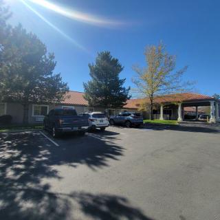 A sunny day with cars parked in front of a building surrounded by trees.