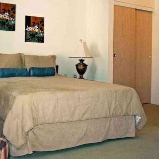 A cozy bedroom with a neatly made bed, bedside lamp, and decorative artwork on the wall.