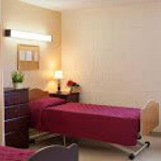 A simple hospital room with two beds covered in red bedspreads and a nightstand with a lamp and potted plant.