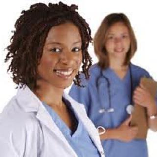 Two medical professionals in uniforms, with one holding a clipboard and a stethoscope visible.