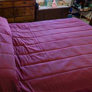 A neatly made bed with a purple comforter in a cozy bedroom setting.